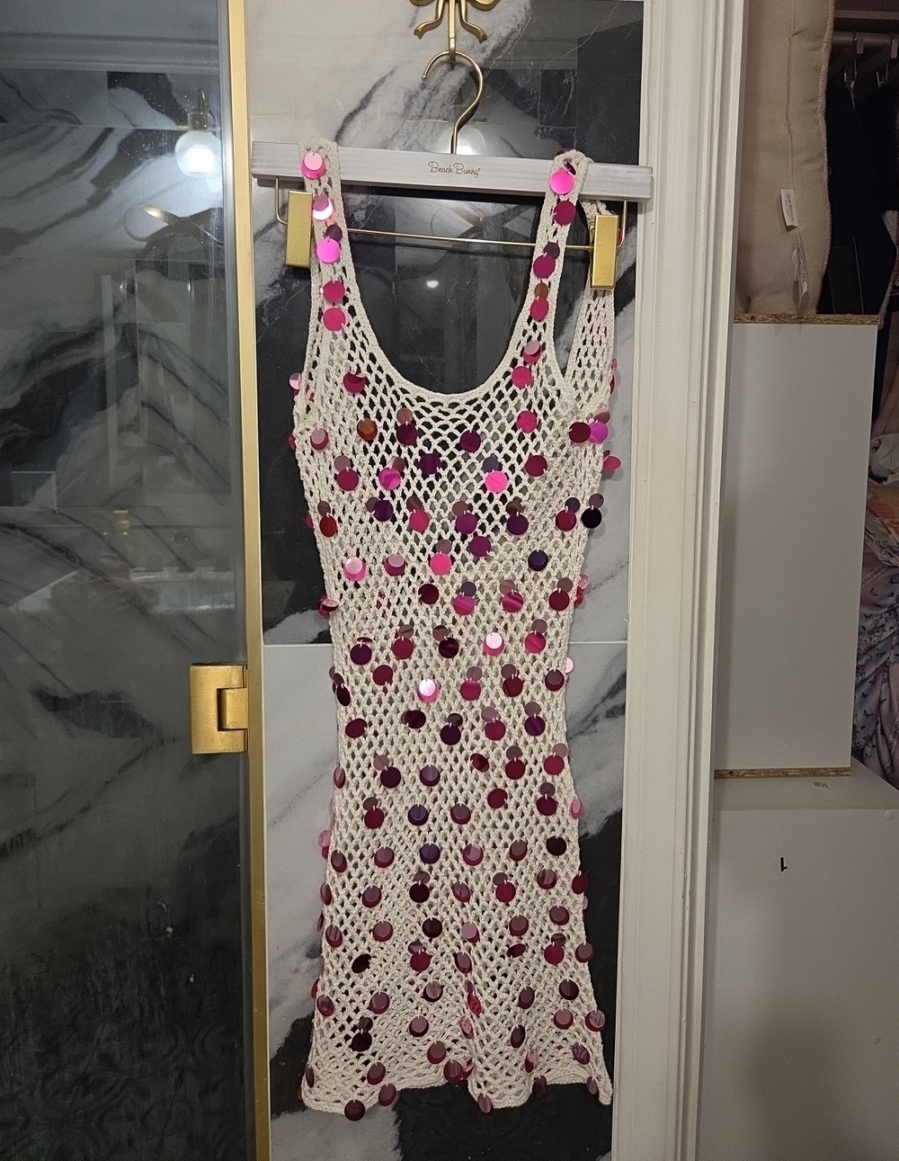 Beach Bunny Handmade Crochet Mesh Dress with Pink Sequin Accents